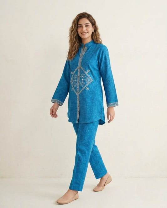 Blue Handloom Cotton Jari Work Co-ord Set