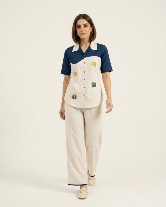 Off White & Blue Handloom Cotton Thread Work Co-ord Set