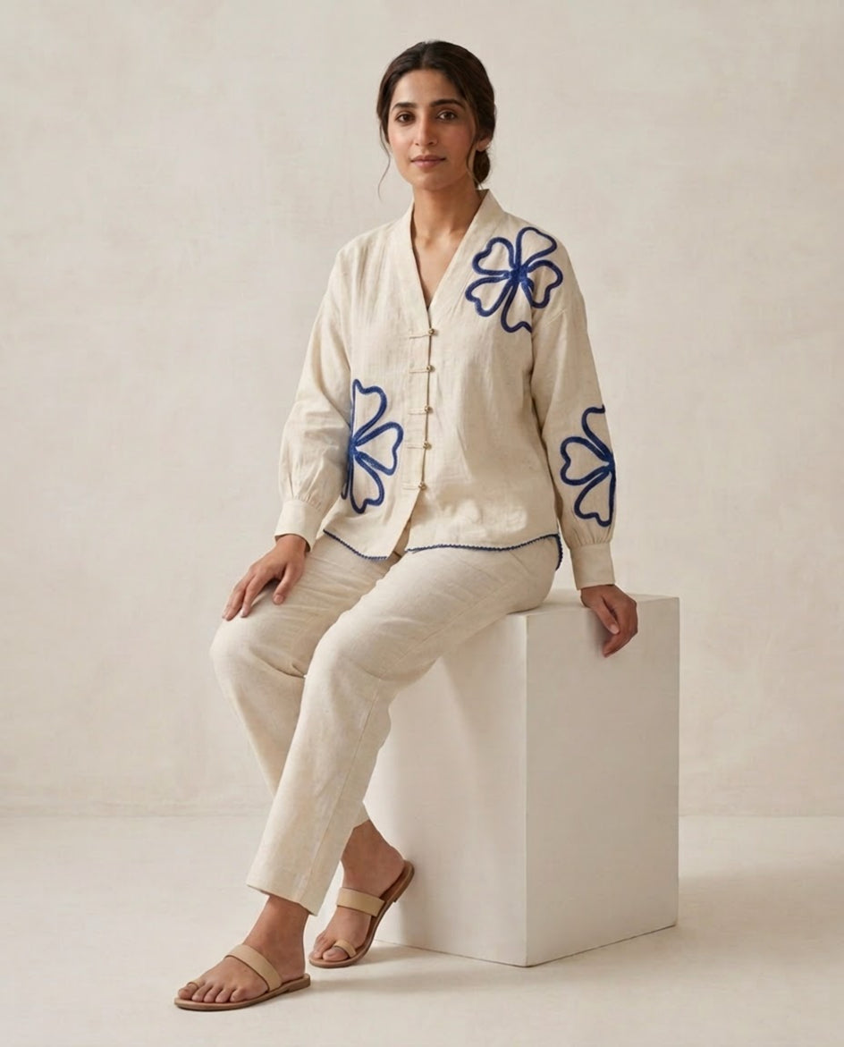 Off White Blue Flower Handloom Cotton Co-ord Set
