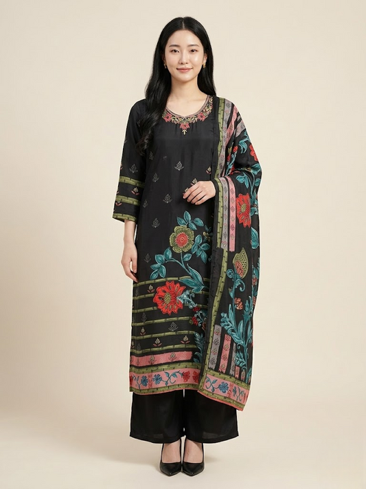 Floral Elegance Natural Crepe Kurta Set