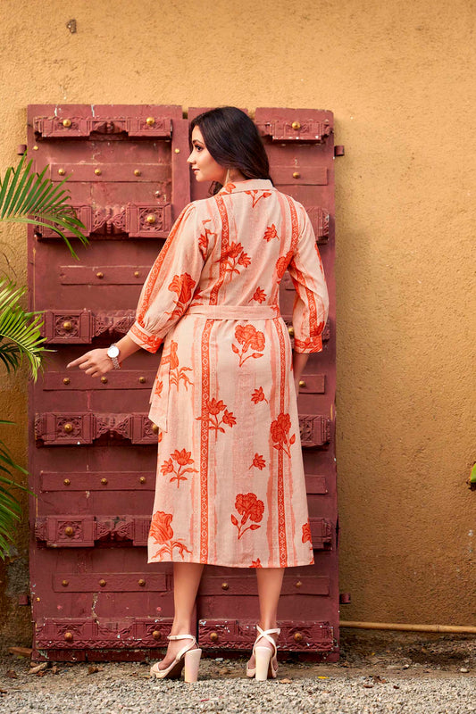 Peach Petal & Stripe Notched Collar Midi Dress with waist tie