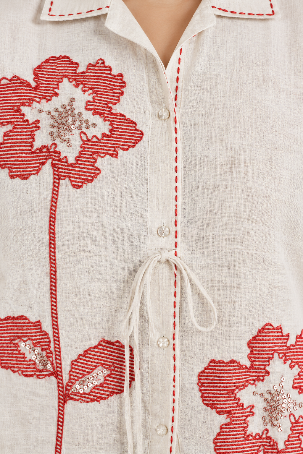 Off White Flower Thread Work Shimmer Cotton Co-ord Set
