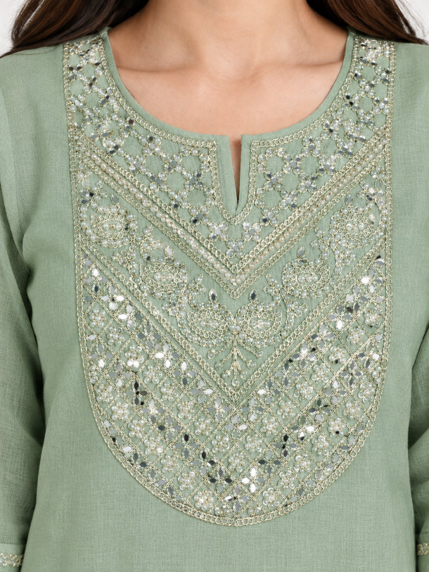 Muted Sage Shimmer Embroidered Kurta Set