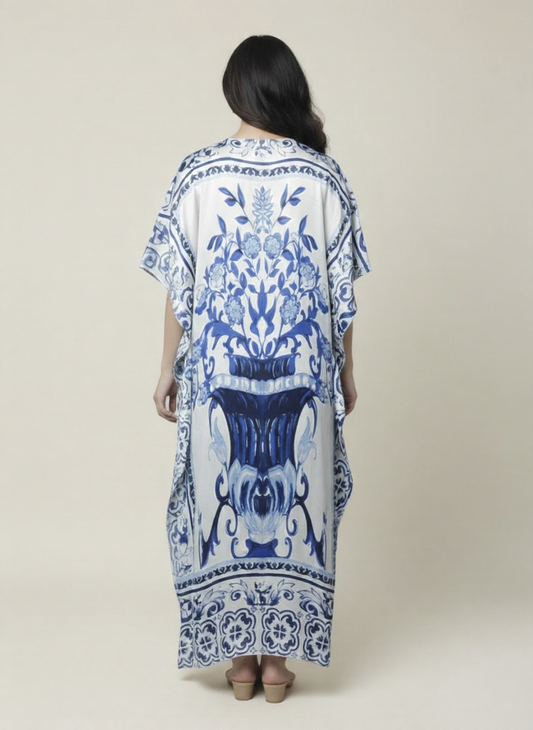 Ivory & Cobalt Luxe Satin Kaftan