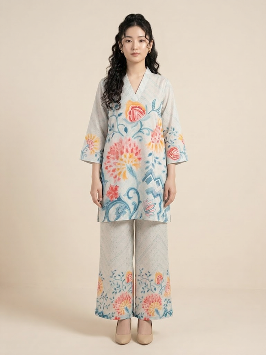 Ethereal Floral Cotton V-Neck Co-ord Set with Zari