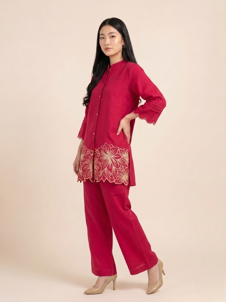 Crimson Pink Embroidered Co-ord Set