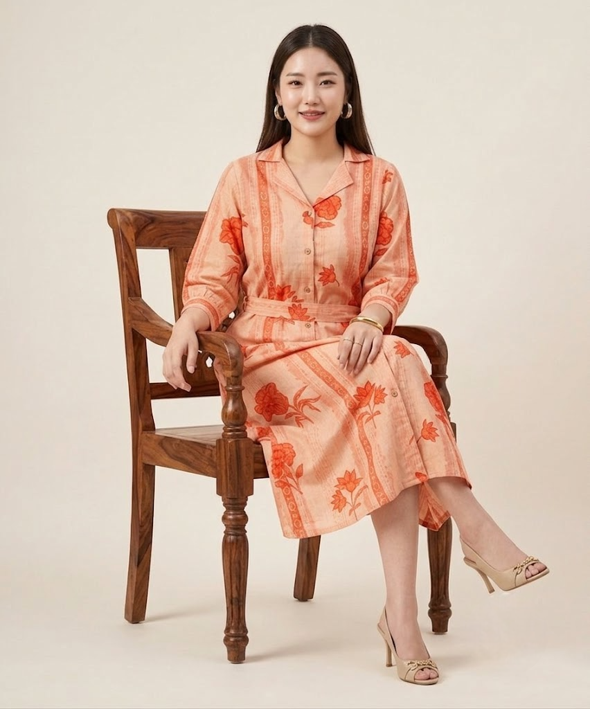 Peach Petal & Stripe Notched Collar Midi Dress with waist tie