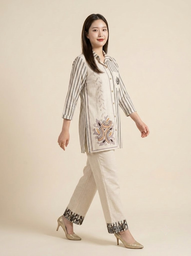 Elegance in Motion: Handloom Cotton Co-ord Set with 3/4 Sleeves