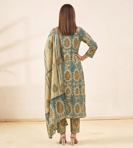 Dusty Green & Beige Crushed Tissue A-Line Trio Kurta Set
