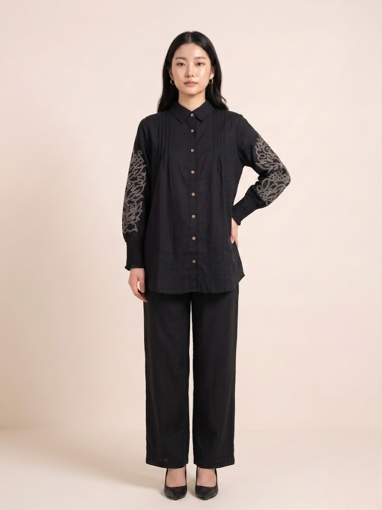 Graceful Linen Ensemble with Intricate Hand Embroidery