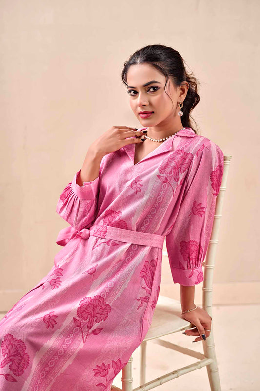 Blush Pink Petal & Stripe Notched Collar Midi Dress With Waist Tie