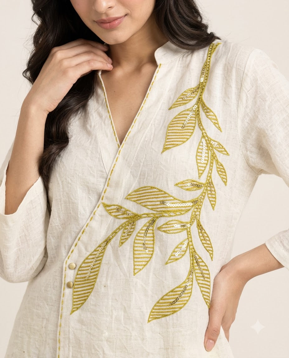 Off White Flower Thread Work Shimmer Cotton Co-ord Set