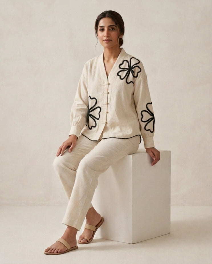 Off White Black Flower Handloom Cotton Co-ord Set