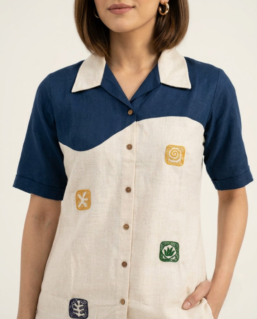 Off White & Blue Handloom Cotton Thread Work Co-ord Set