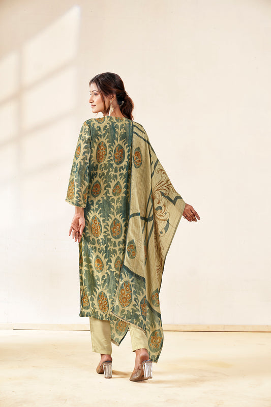 Dusty Green & Beige Crushed Tissue A-Line Trio Kurta Set