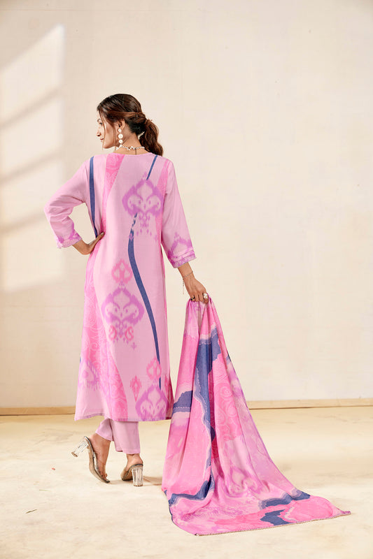 Mauve Pink Muslin Kurta Set with Pearl Border Details