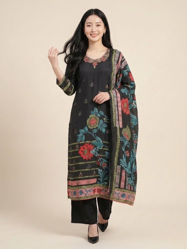 Floral Elegance Natural Crepe Kurta Set