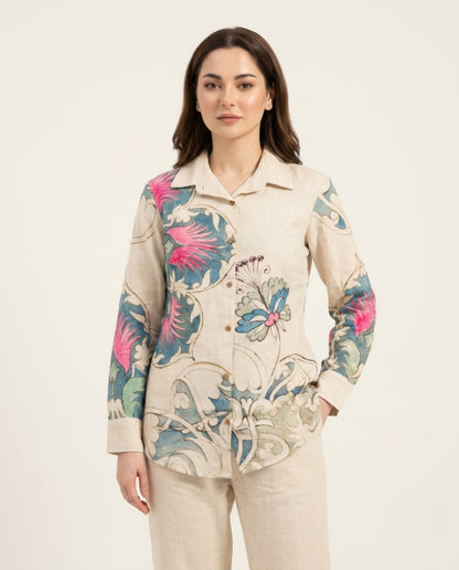 Off White Flower Printed Handloom Cotton Co-ord Set