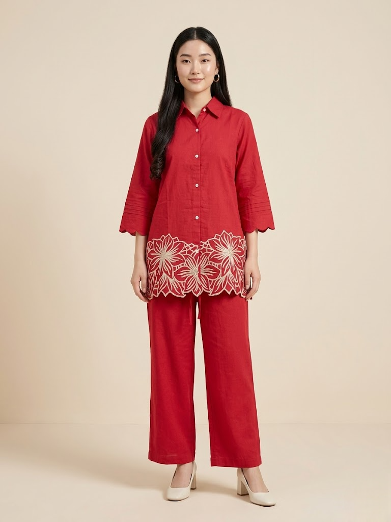 Ruby Red Embroidered Co-ord Set