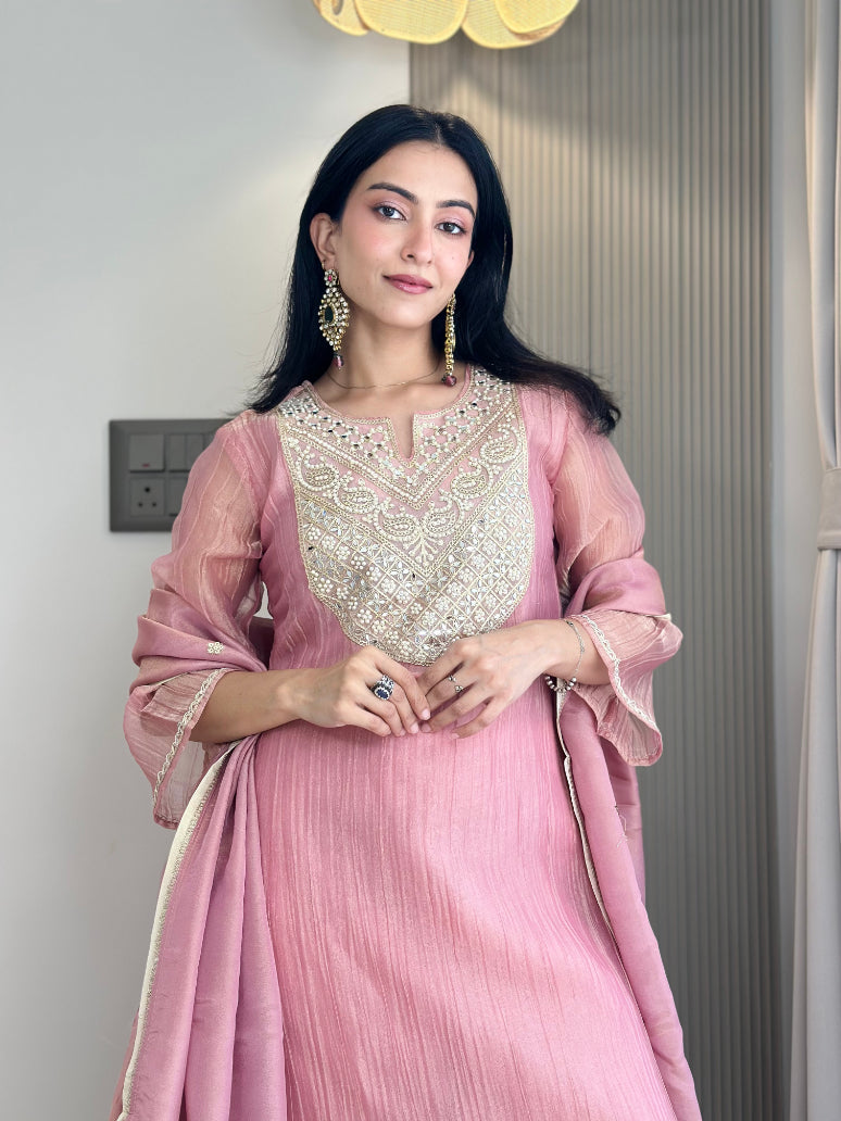 Muted Pink Shimmer Embroidered Kurta Set