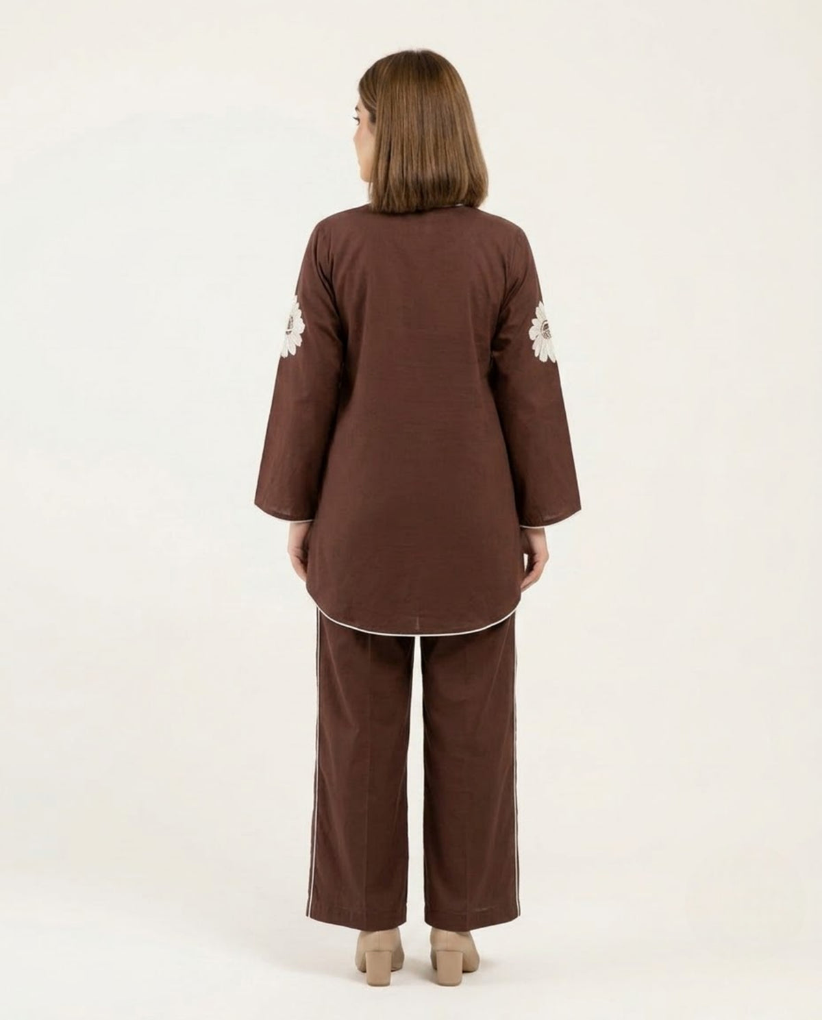 Brown With White Flower Poplin Cotton Thread Work Co-ord Set