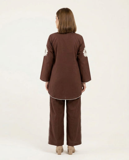 Brown With White Flower Poplin Cotton Thread Work Co-ord Set