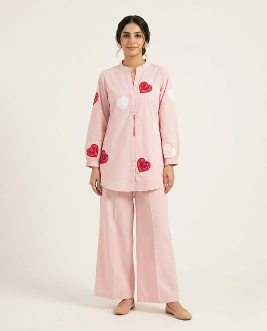 Pink Heart Poplin Cotton Patch Work Co-ord Set