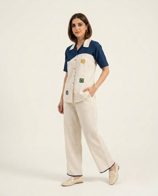 Off White & Blue Handloom Cotton Thread Work Co-ord Set