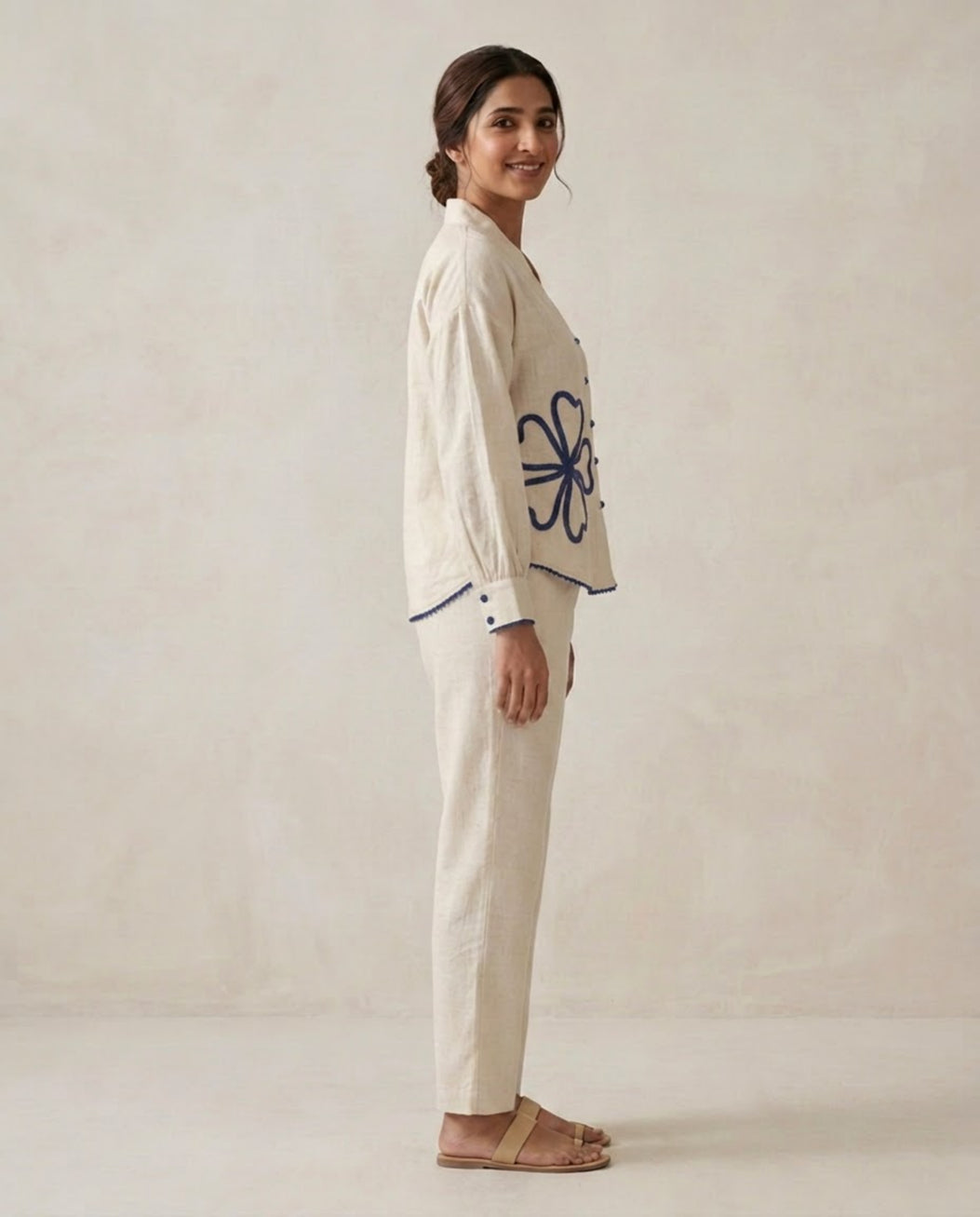 Off White Blue Flower Handloom Cotton Co-ord Set
