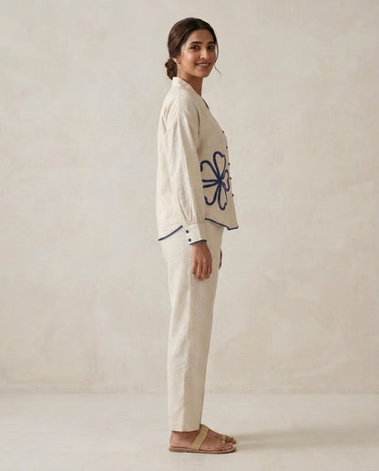 Off White Blue Flower Handloom Cotton Co-ord Set