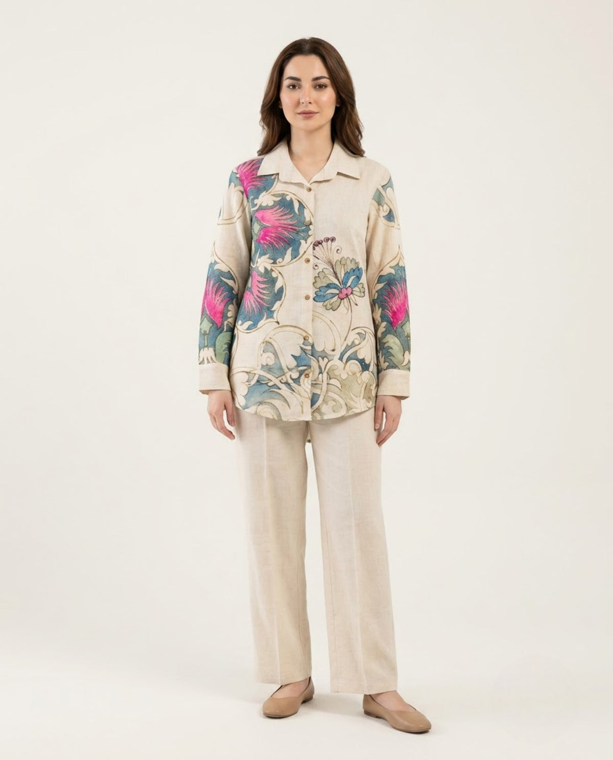 Off White Flower Printed Handloom Cotton Co-ord Set