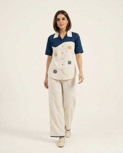Off White & Blue Handloom Cotton Thread Work Co-ord Set