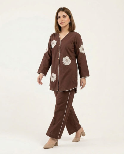 Brown With White Flower Poplin Cotton Thread Work Co-ord Set