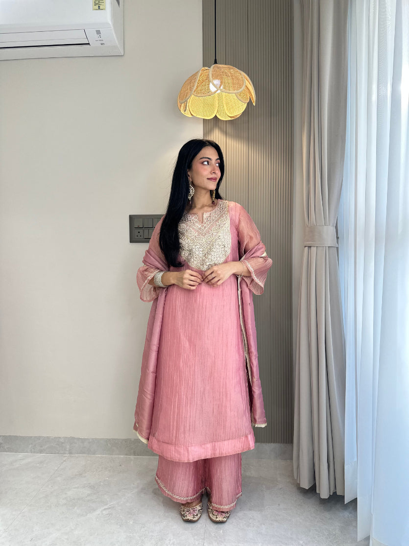 Muted Pink Shimmer Embroidered Kurta Set