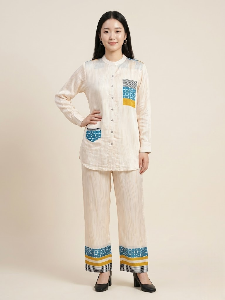 Geometric Print Natural Crepe Co-ord Set