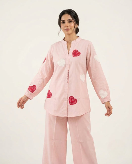Pink Heart Poplin Cotton Patch Work Co-ord Set