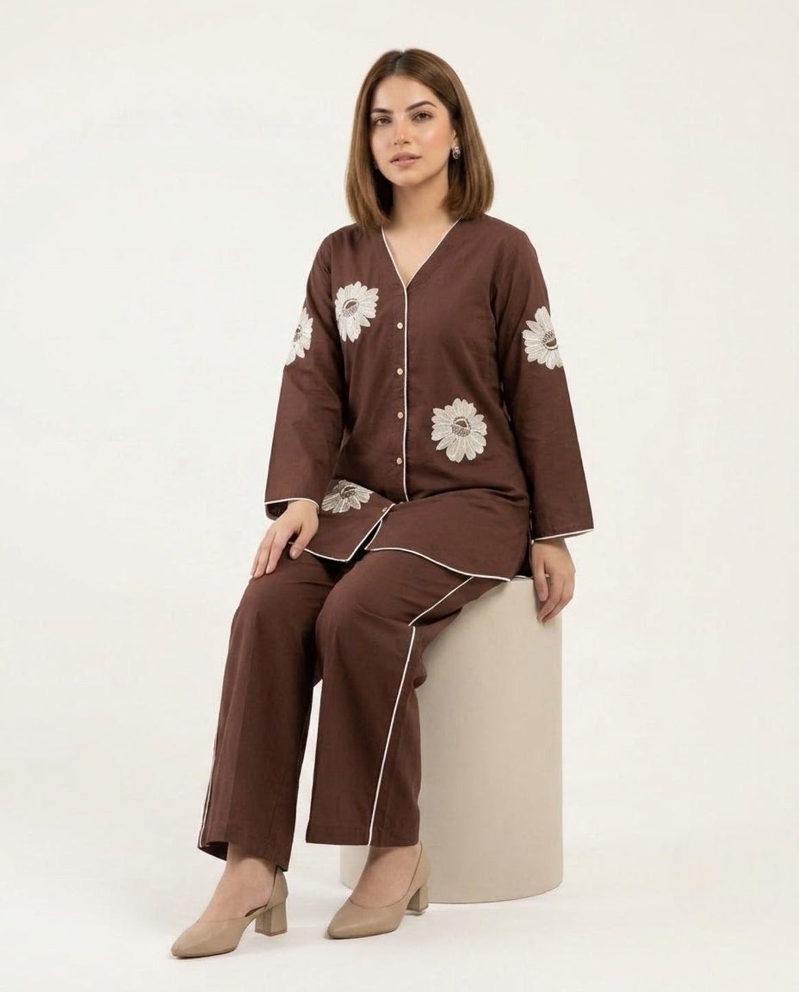 Brown With White Flower Poplin Cotton Thread Work Co-ord Set