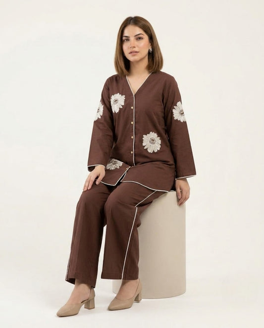 Brown With White Flower Poplin Cotton Thread Work Co-ord Set