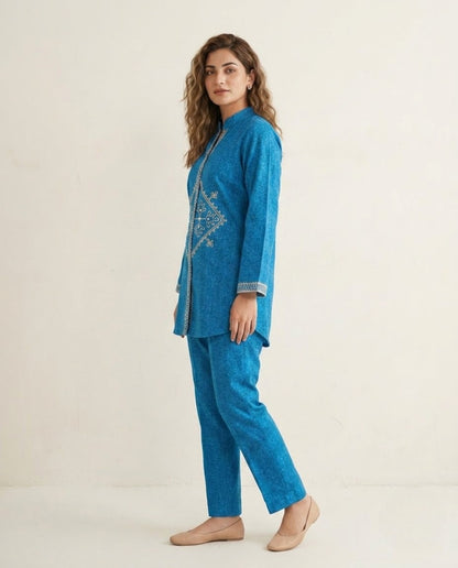 Blue Handloom Cotton Jari Work Co-ord Set