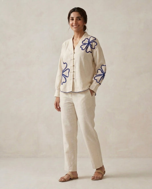 Off White Blue Flower Handloom Cotton Co-ord Set