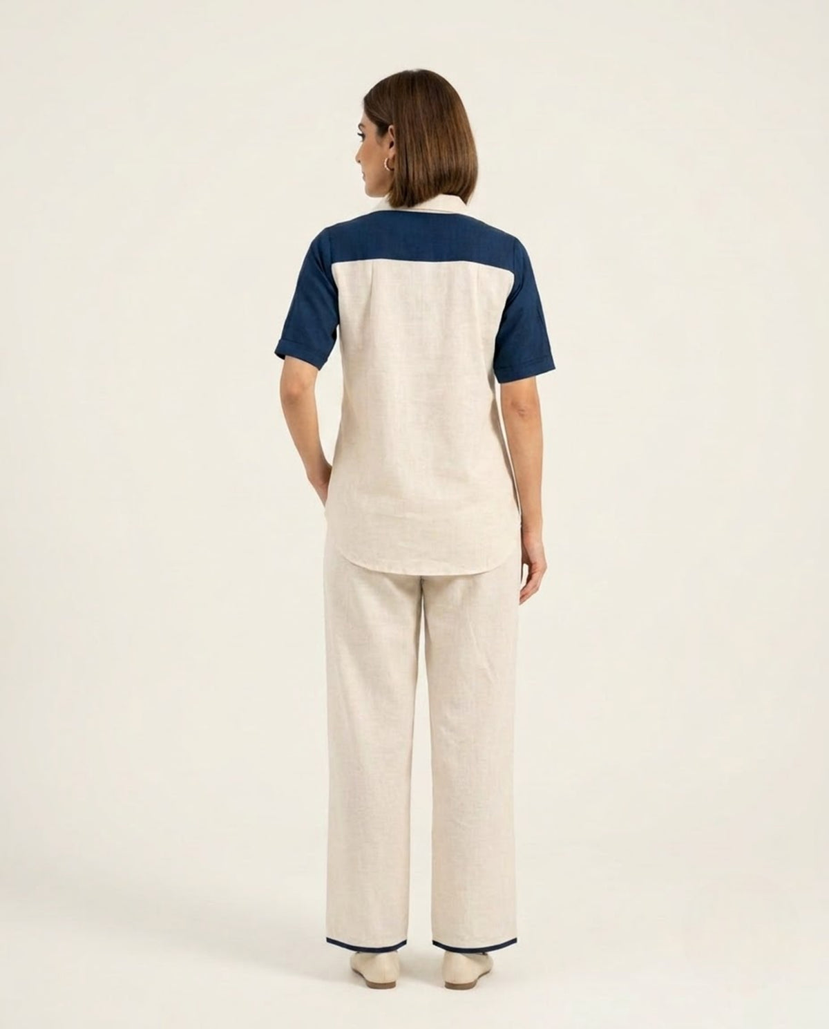 Off White & Blue Handloom Cotton Thread Work Co-ord Set