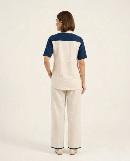Off White & Blue Handloom Cotton Thread Work Co-ord Set