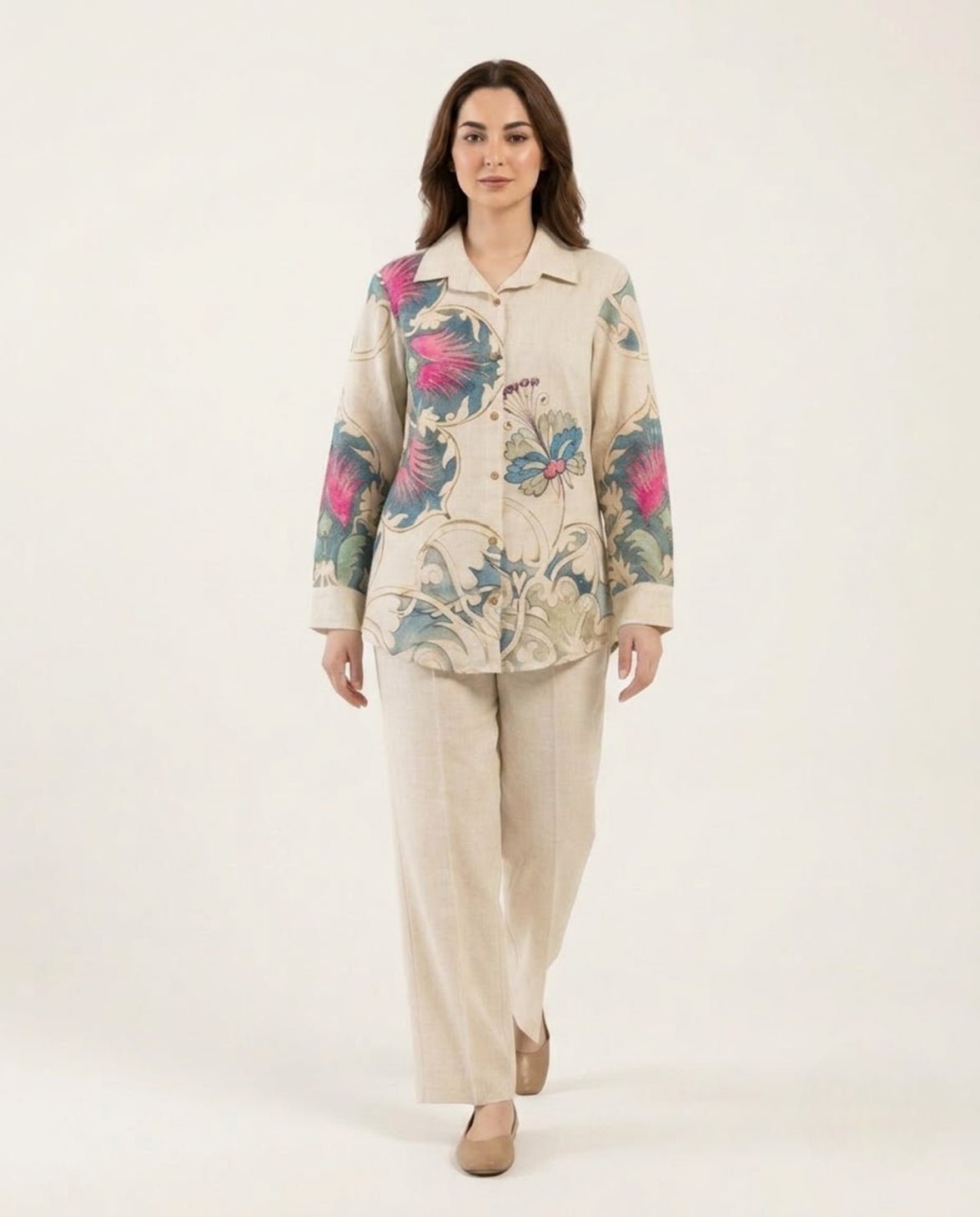 Off White Flower Printed Handloom Cotton Co-ord Set