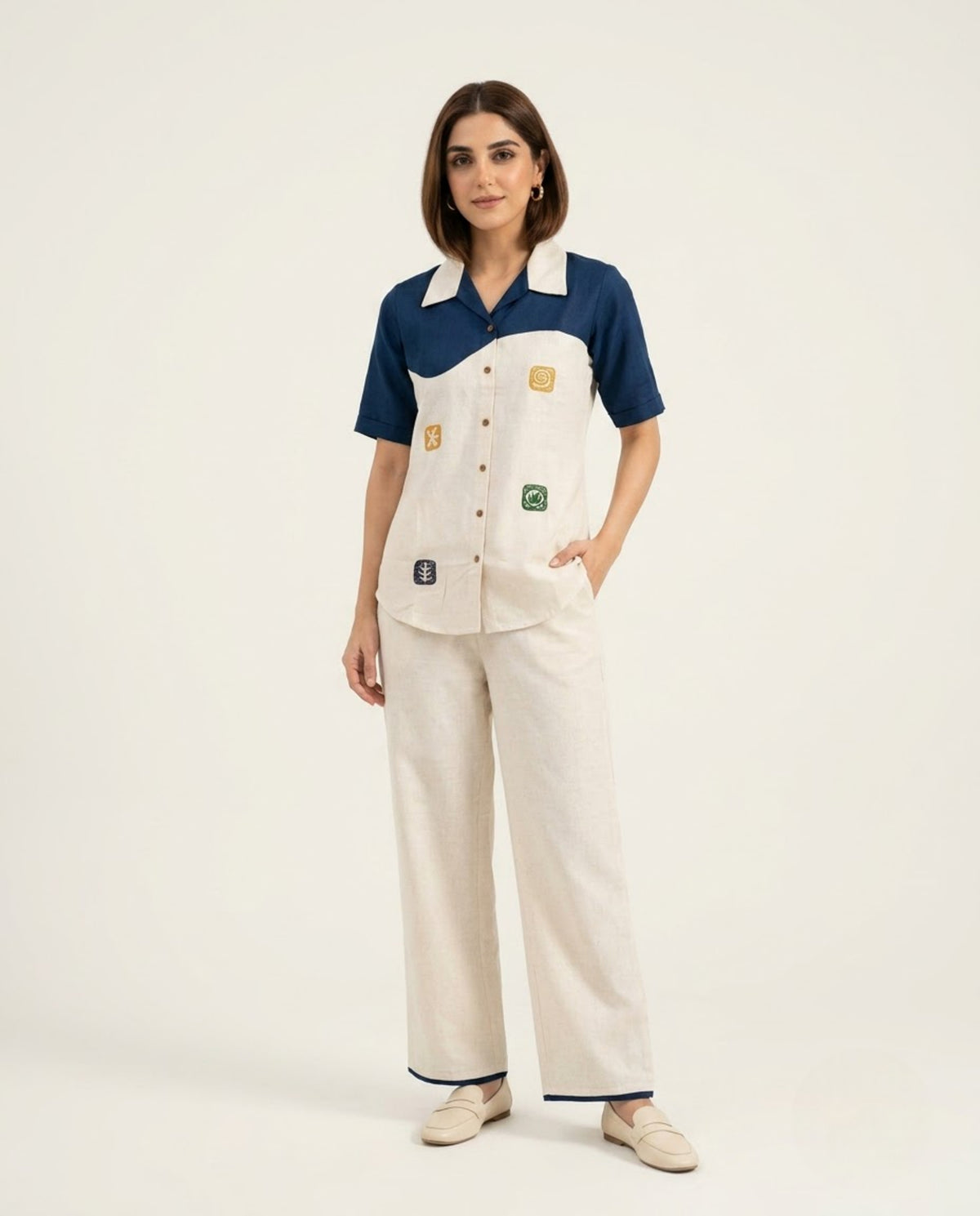 Off White & Blue Handloom Cotton Thread Work Co-ord Set