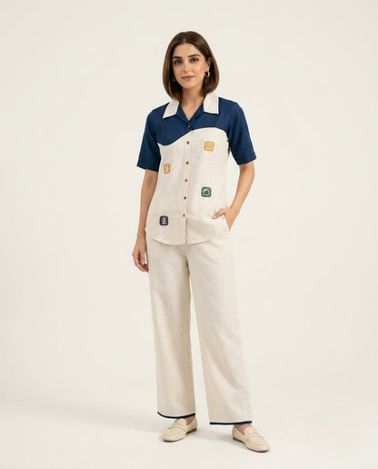 Off White & Blue Handloom Cotton Thread Work Co-ord Set