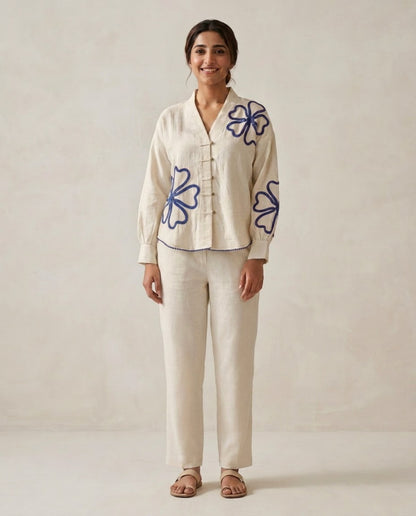 Off White Blue Flower Handloom Cotton Co-ord Set