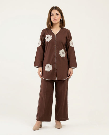 Brown With White Flower Poplin Cotton Thread Work Co-ord Set