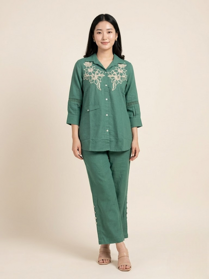Pastel Sage Floral Embroidered Cotton Co-ord Set