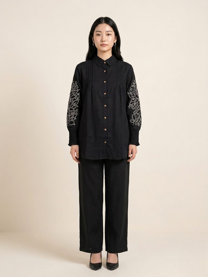Graceful Linen Ensemble with Intricate Hand Embroidery