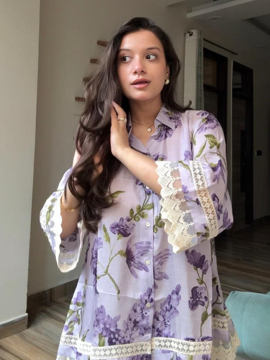 Purple Floral Printed Cupro Silk Shirt
